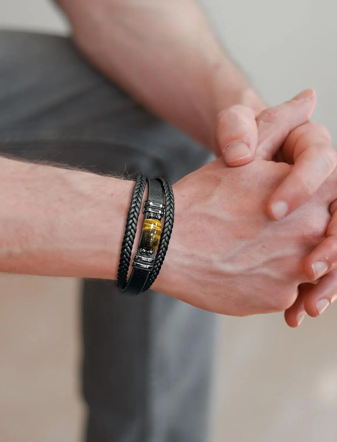 STARCHENIE Multi Strand Bracelet for Men Rectangle Authentic Tiger Eye Black Braided Leather Mens Bracelet Stainless Steel Buckle