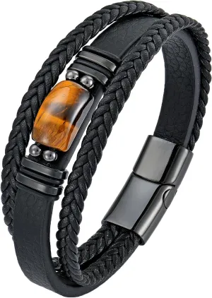 STARCHENIE Multi Strand Bracelet for Men Rectangle Authentic Tiger Eye Black Braided Leather Mens Bracelet Stainless Steel Buckle