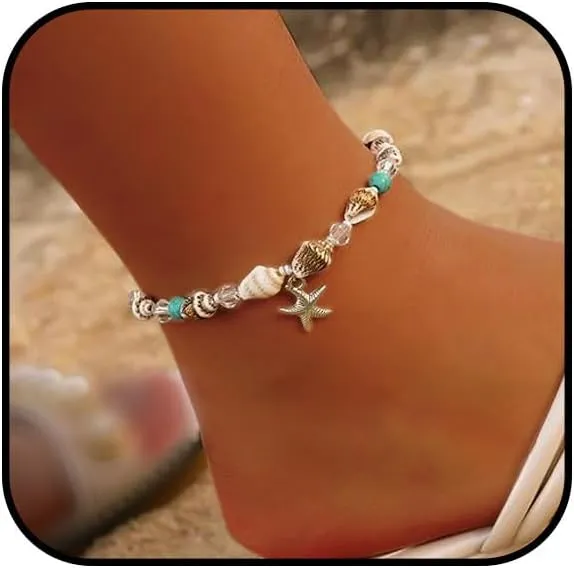 Starfish Shell Anklet for Women Adjustable Conch Anklet Turquoise Ankle Bracelets for Women Beach Pearl Foot Charm Chain Boho Jewerly for Summer Beach Party