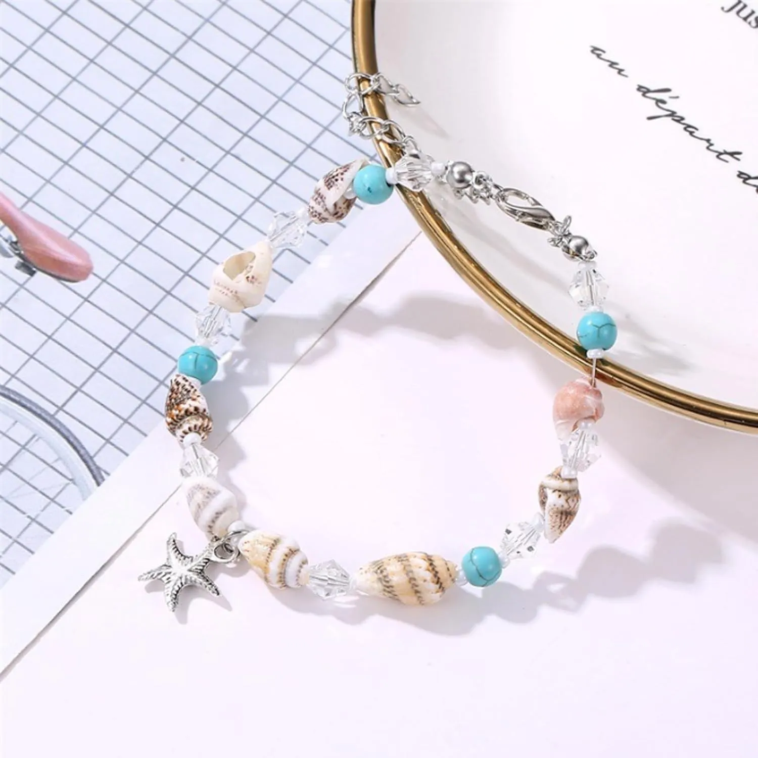 Starfish Shell Anklet for Women Adjustable Conch Anklet Turquoise Ankle Bracelets for Women Beach Pearl Foot Charm Chain Boho Jewerly for Summer Beach Party