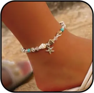 Starfish Shell Anklet for Women Adjustable Conch Anklet Turquoise Ankle Bracelets for Women Beach Pearl Foot Charm Chain Boho Jewerly for Summer Beach Party