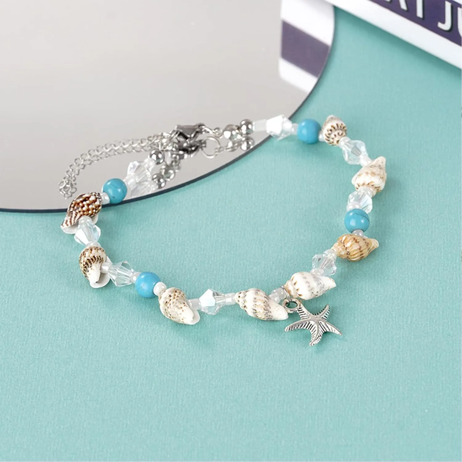 Starfish Shell Anklet for Women Adjustable Conch Anklet Turquoise Ankle Bracelets for Women Beach Pearl Foot Charm Chain Boho Jewerly for Summer Beach Party