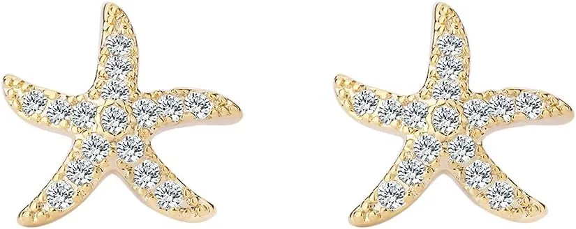 Starfish Stud Earrings for Women - CZ Paved Starfish Stud Earrings - Charm Starfish Earrings Plated in 14k Gold/White Gold