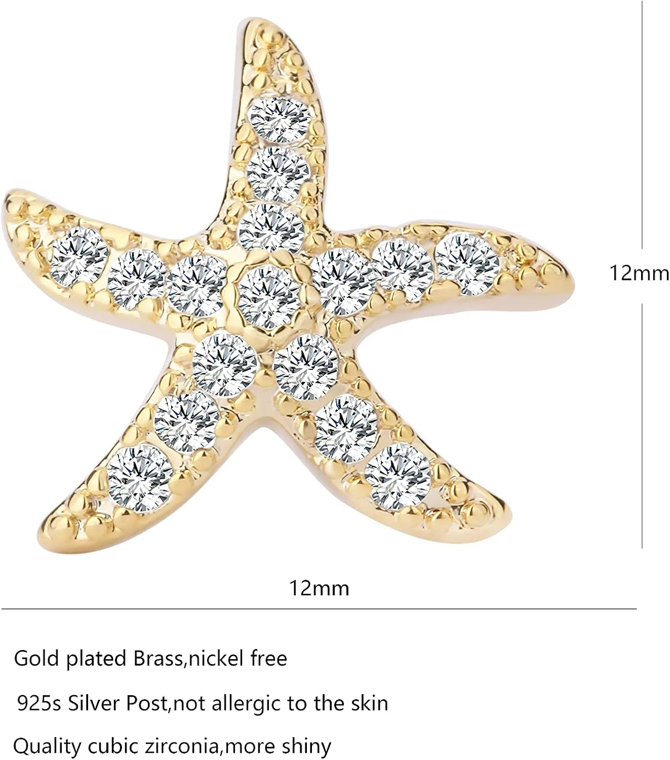 Starfish Stud Earrings for Women - CZ Paved Starfish Stud Earrings - Charm Starfish Earrings Plated in 14k Gold/White Gold