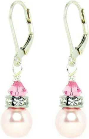 Sterling Silver Austrian Elements Crystal Simulated Pearl Leverback Dangle Earrings (8mm)