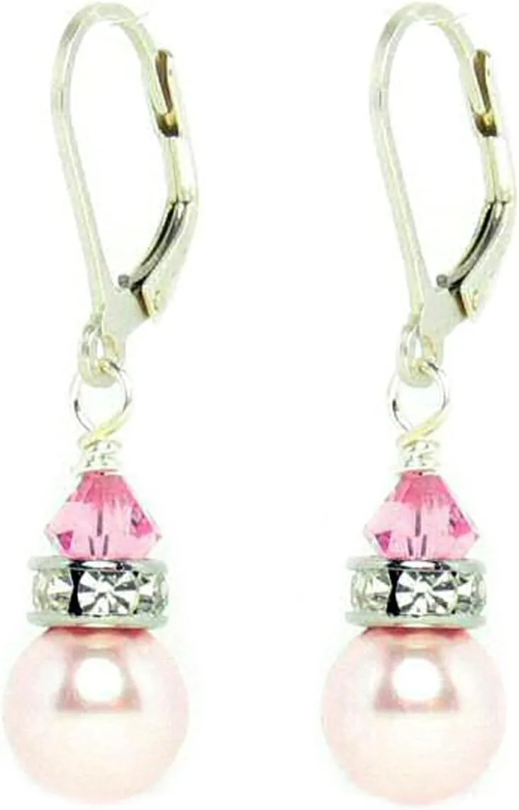 Sterling Silver Austrian Elements Crystal Simulated Pearl Leverback Dangle Earrings (8mm)