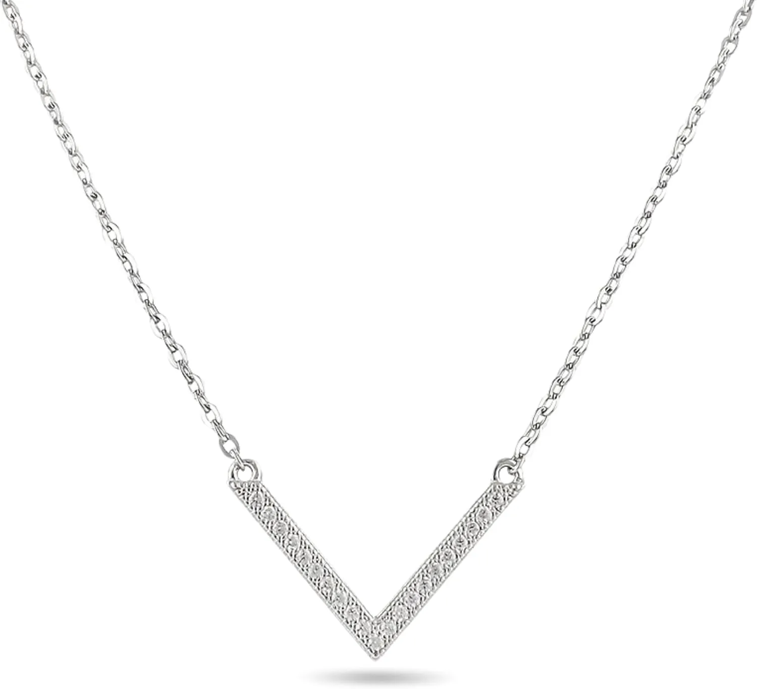 Sterling Silver Chevron Cubic Zirconia V Shape Necklace for Adult Women and Teen Ladies, Adjustable Chain Included, Comes Gift Ready
