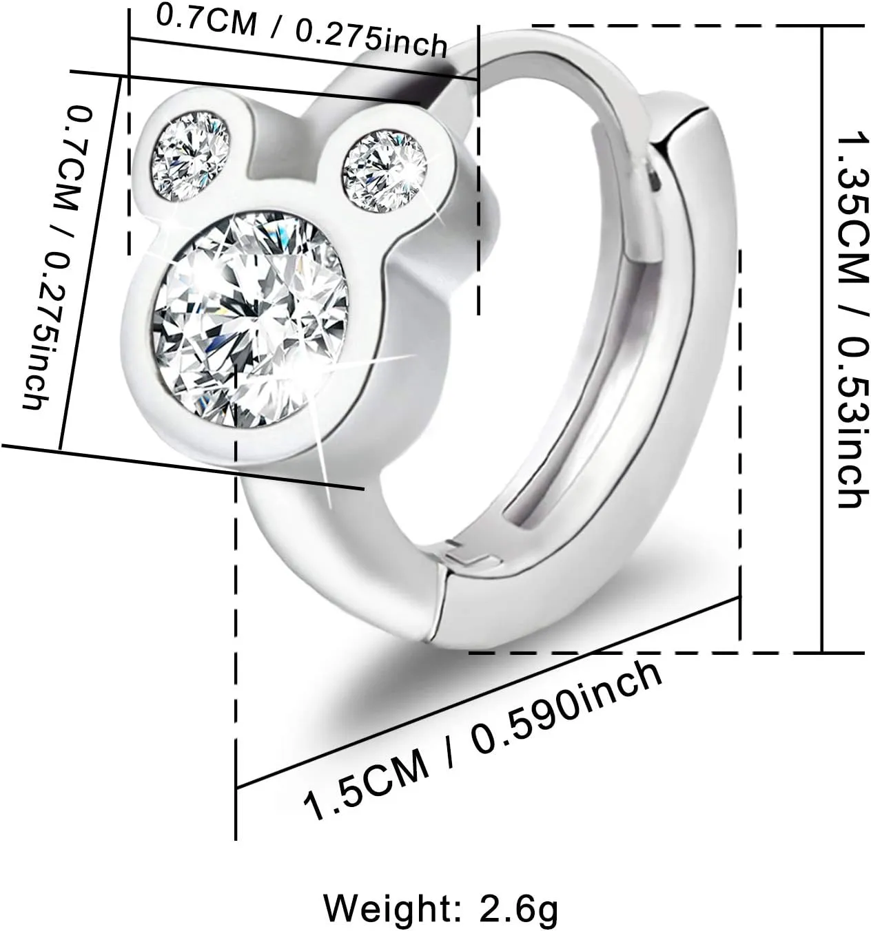 Sterling Silver Earrings for Women Fashion Cartilage Huggie Hoop Charms Mouse Earrings with CZ Hypoallergenic Jewelry Birthday Gift for Women