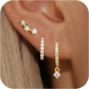 Sterling Silver Earrings Set for Women, Small S925 Hypoallergenic Earring Stacks, Dainty 5A Cubic Zirconia Huggie Stud Earrings for Sensitive EarsTrendy 2025