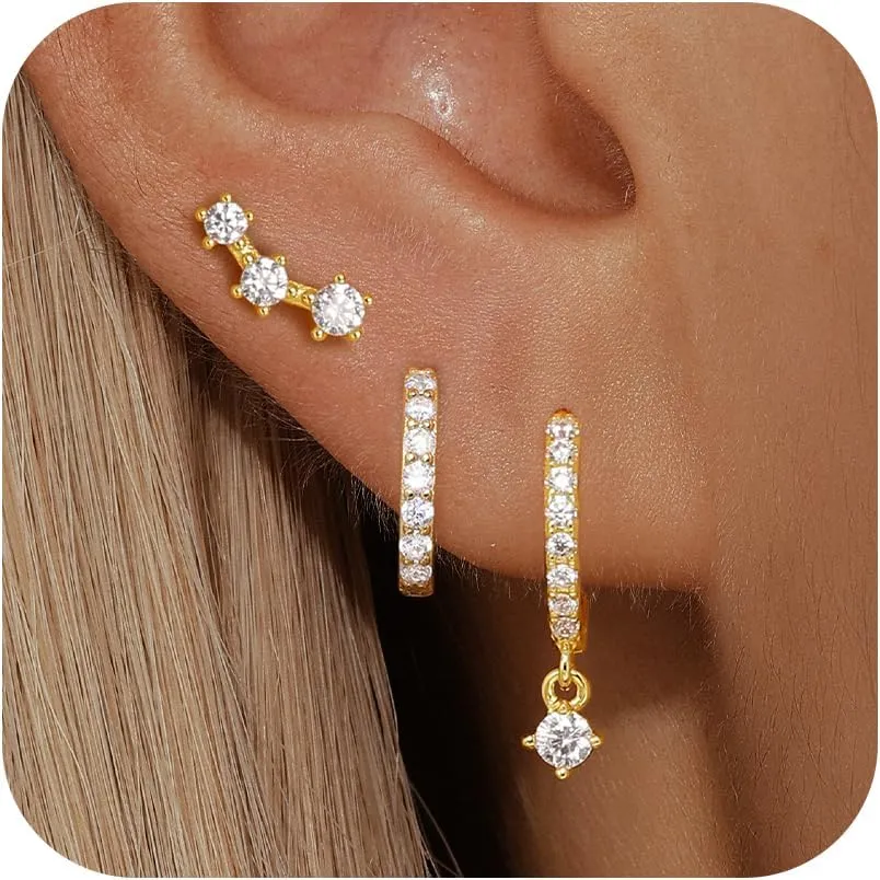 Sterling Silver Earrings Set for Women, Small S925 Hypoallergenic Earring Stacks, Dainty 5A Cubic Zirconia Huggie Stud Earrings for Sensitive EarsTrendy 2025