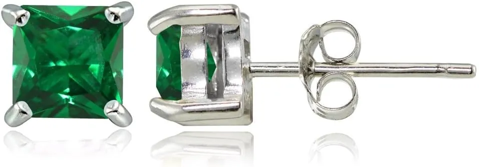 Sterling Silver Genuine, Created or Simulated Birthstone Gemstone 5mm Square Stud Earrings