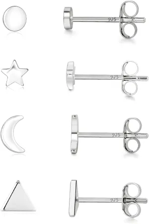 Sterling Silver Stud Earrings - 4 Pairs Small Silver Ball Earrings Triangle Stud Star Moon Round CZ Earrings Bar Earrings Set Hypoallergenic Cartilage Tragus Earrings