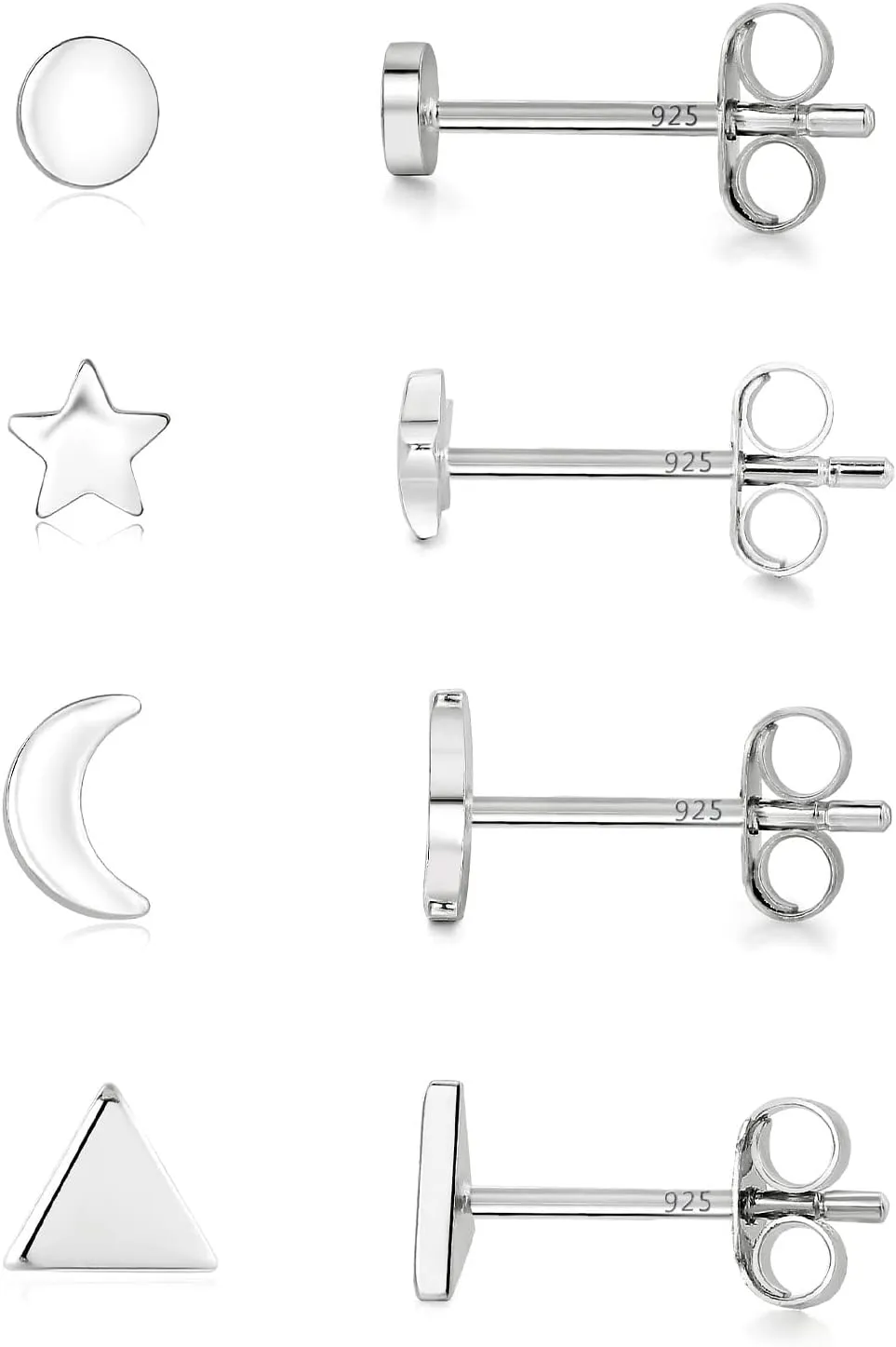 Sterling Silver Stud Earrings - 4 Pairs Small Silver Ball Earrings Triangle Stud Star Moon Round CZ Earrings Bar Earrings Set Hypoallergenic Cartilage Tragus Earrings