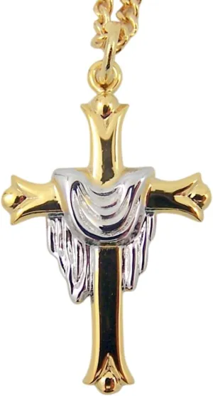 Sterling Silver Two Toned Leaf Tipped Pendant with Robe Over Cross Bar, 1 1/8 Inch