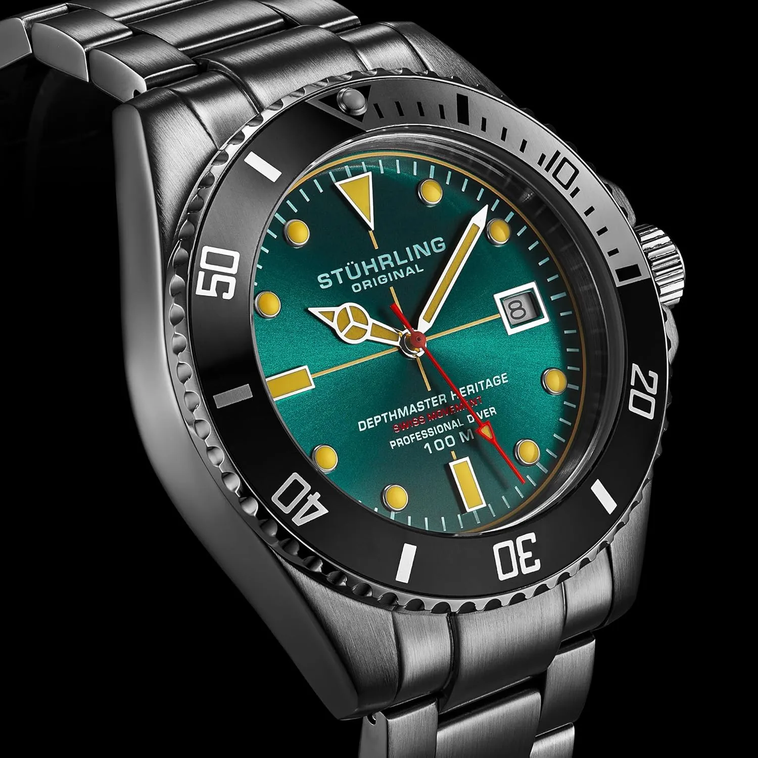 Stuhrling Depthmaster Heritage Diver Swiss Quartz Watch, 42mm, Teal Dial, Stainless Steel, 100M Water Resistant