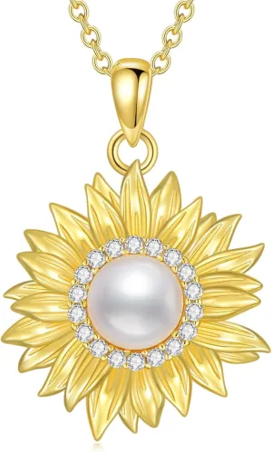 Sunflower Pearl Necklace for Women 925 Sterling Silver Freshwater Pearl Yellow Gold Plated Sunflower Pendant You Are My Sunshine Necklace Ladies Jewelry Gifts for Valentines Day