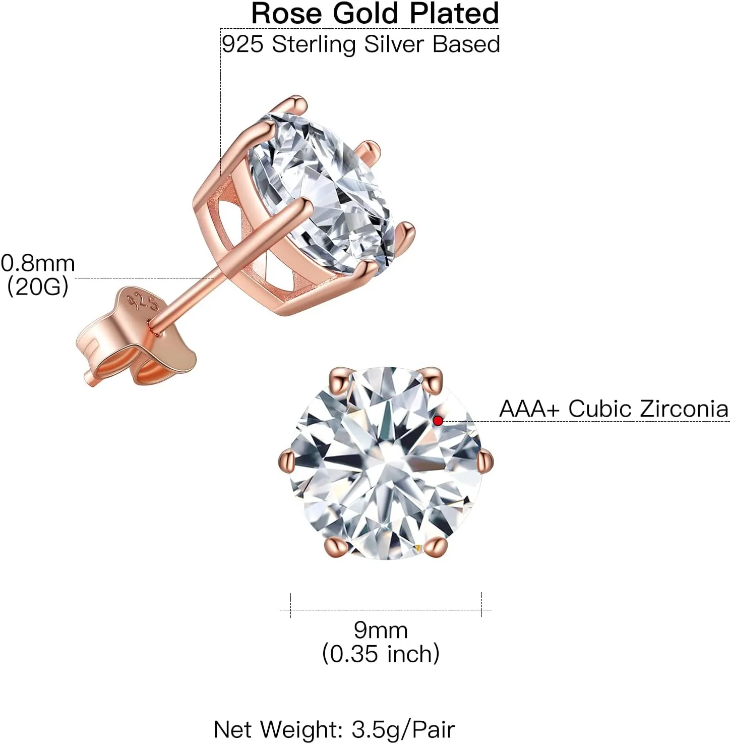 Suplight 925 Stelring Silver/Rose Gold Plated Simulated Diamond Black Cubic Zirconia Stud Earrings for Women Men 5mm 7mm 9mm