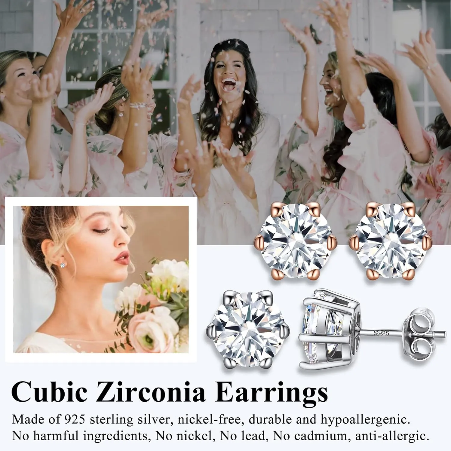 Suplight 925 Stelring Silver/Rose Gold Plated Simulated Diamond Black Cubic Zirconia Stud Earrings for Women Men 5mm 7mm 9mm