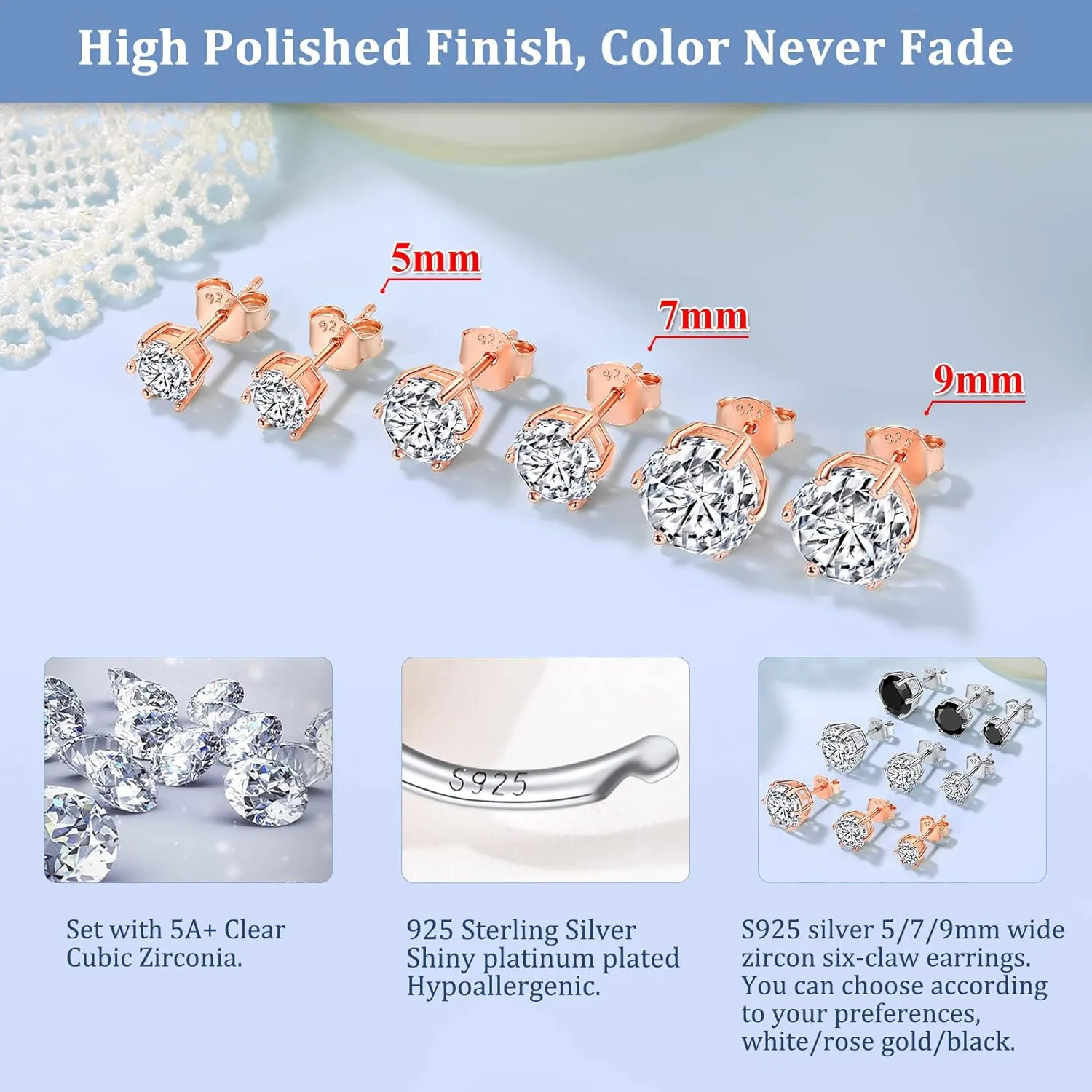 Suplight 925 Stelring Silver/Rose Gold Plated Simulated Diamond Black Cubic Zirconia Stud Earrings for Women Men 5mm 7mm 9mm
