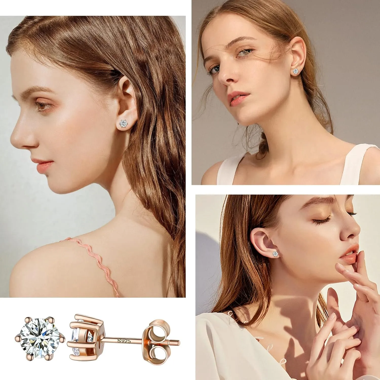 Suplight 925 Stelring Silver/Rose Gold Plated Simulated Diamond Black Cubic Zirconia Stud Earrings for Women Men 5mm 7mm 9mm