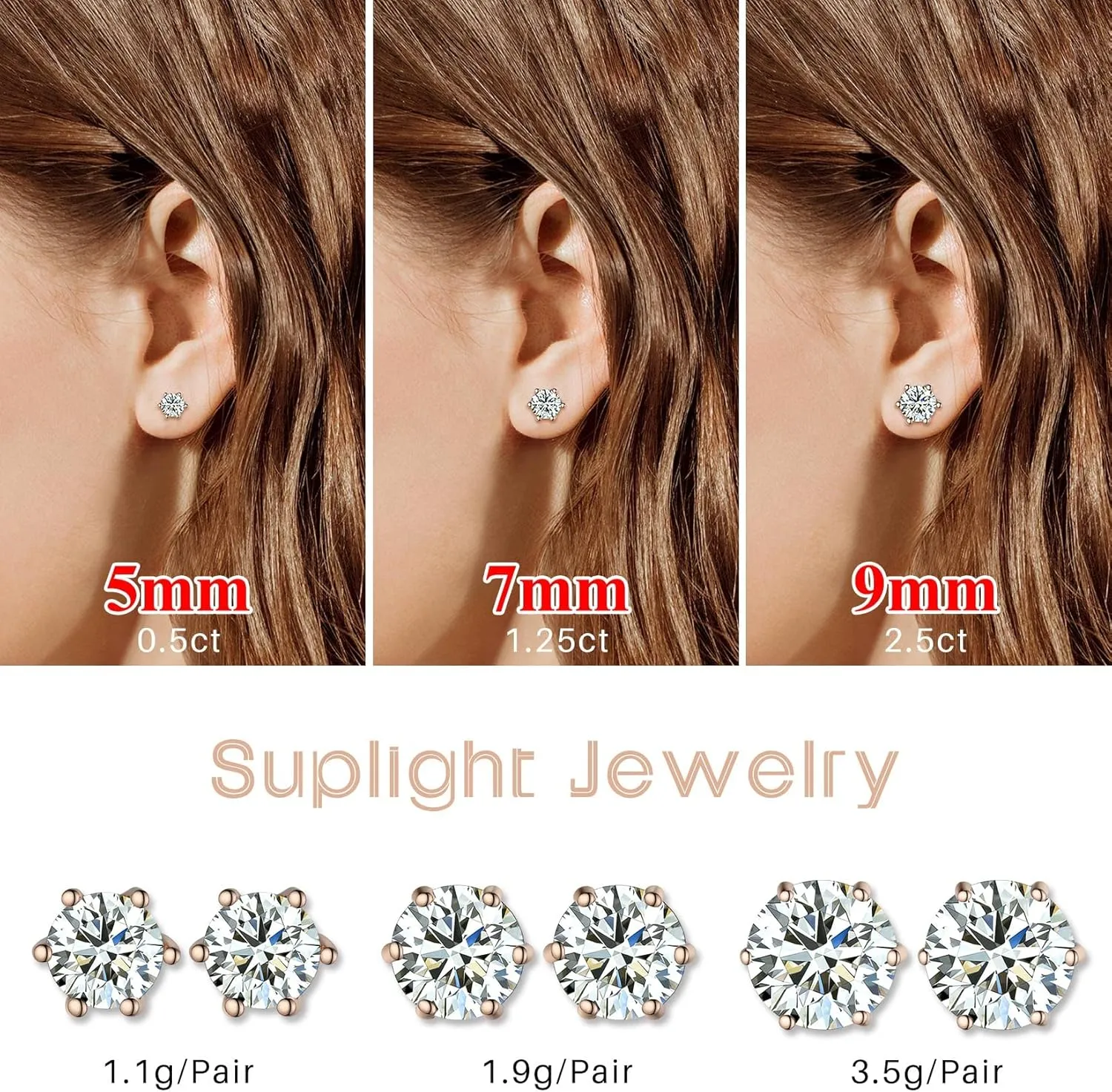 Suplight 925 Stelring Silver/Rose Gold Plated Simulated Diamond Black Cubic Zirconia Stud Earrings for Women Men 5mm 7mm 9mm