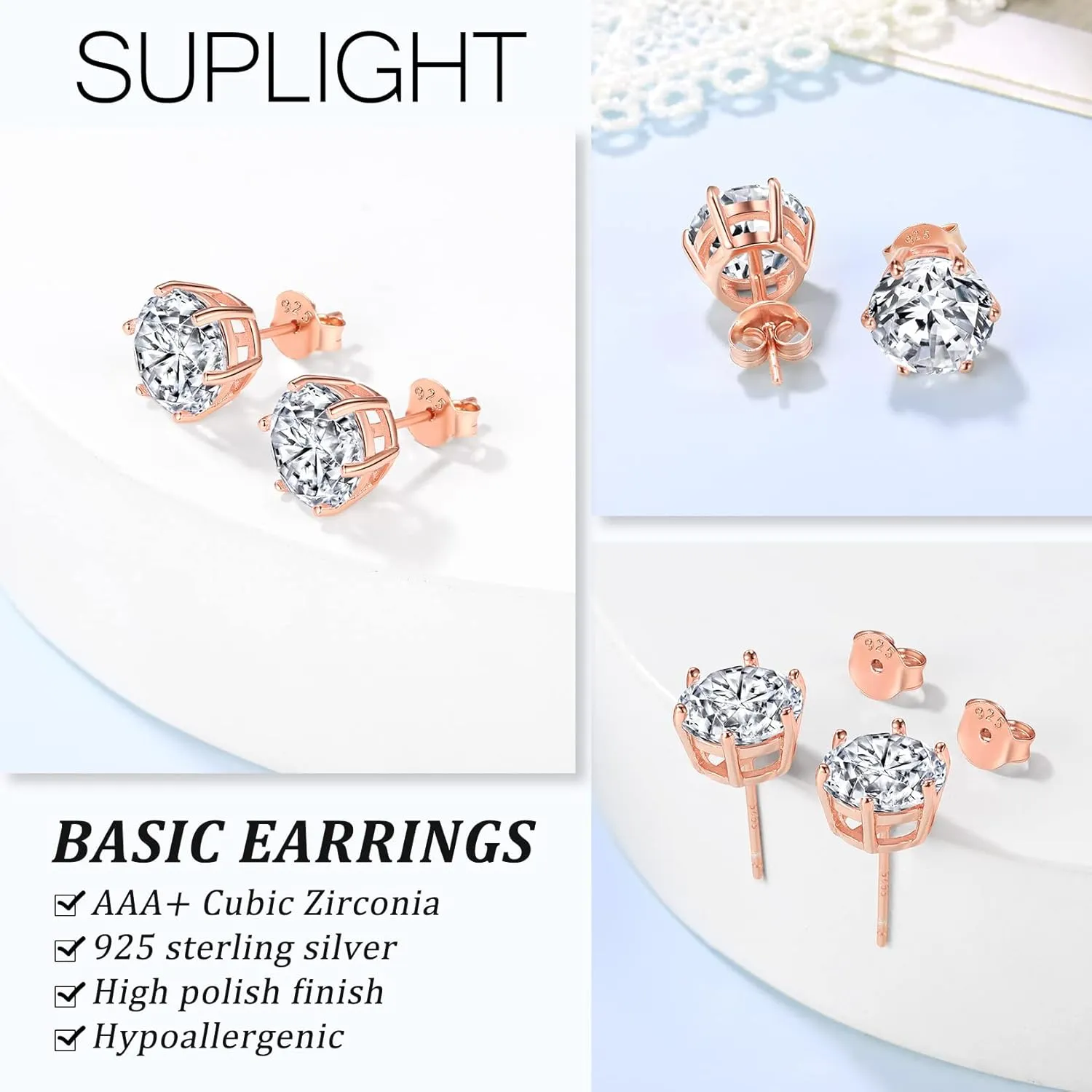 Suplight 925 Stelring Silver/Rose Gold Plated Simulated Diamond Black Cubic Zirconia Stud Earrings for Women Men 5mm 7mm 9mm