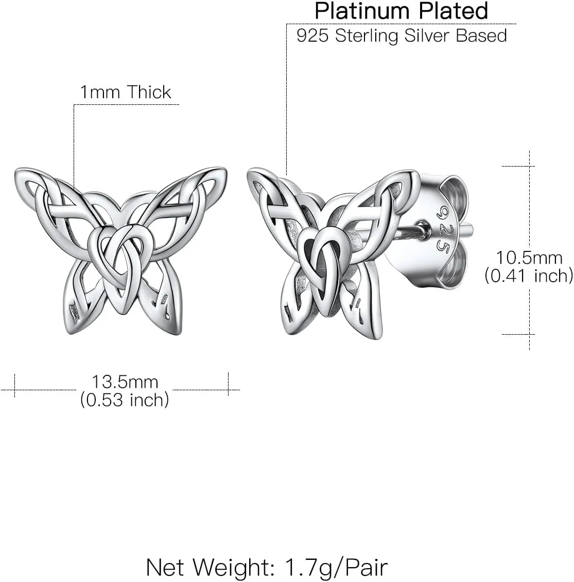 Suplight 925 Sterling Silver Stud Earrings, Dainty Simple Butterfly Stud Earrings Celtic Knot Cubic Zirconia Opal Dangle Silver Earrings, White Gold/Gold Plated Earrings for Women