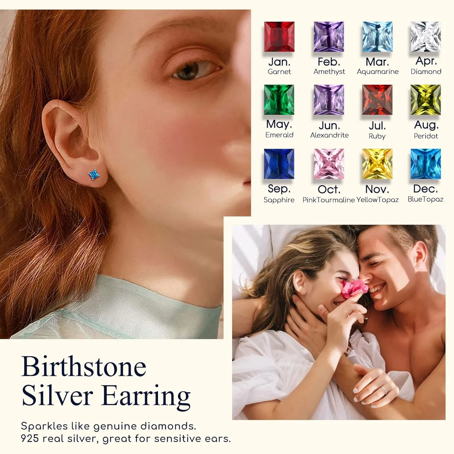 Suplight Dainty 925 Sterling Silver Birthstone Earrings 4 Prong Emerald Cut Stud Earrings for Women Girls (with Gift Box)