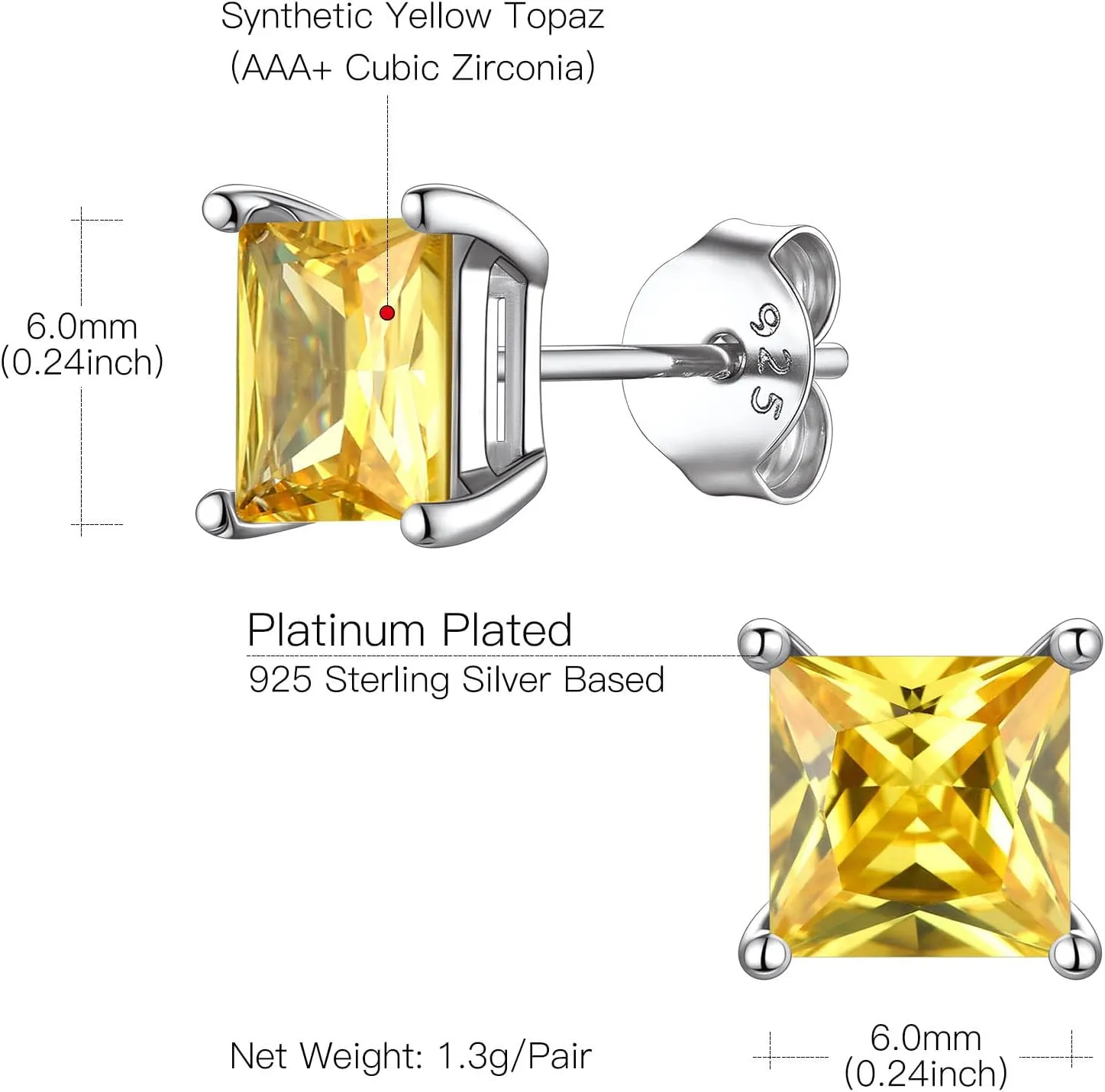 Suplight Dainty 925 Sterling Silver Birthstone Earrings 4 Prong Emerald Cut Stud Earrings for Women Girls (with Gift Box)
