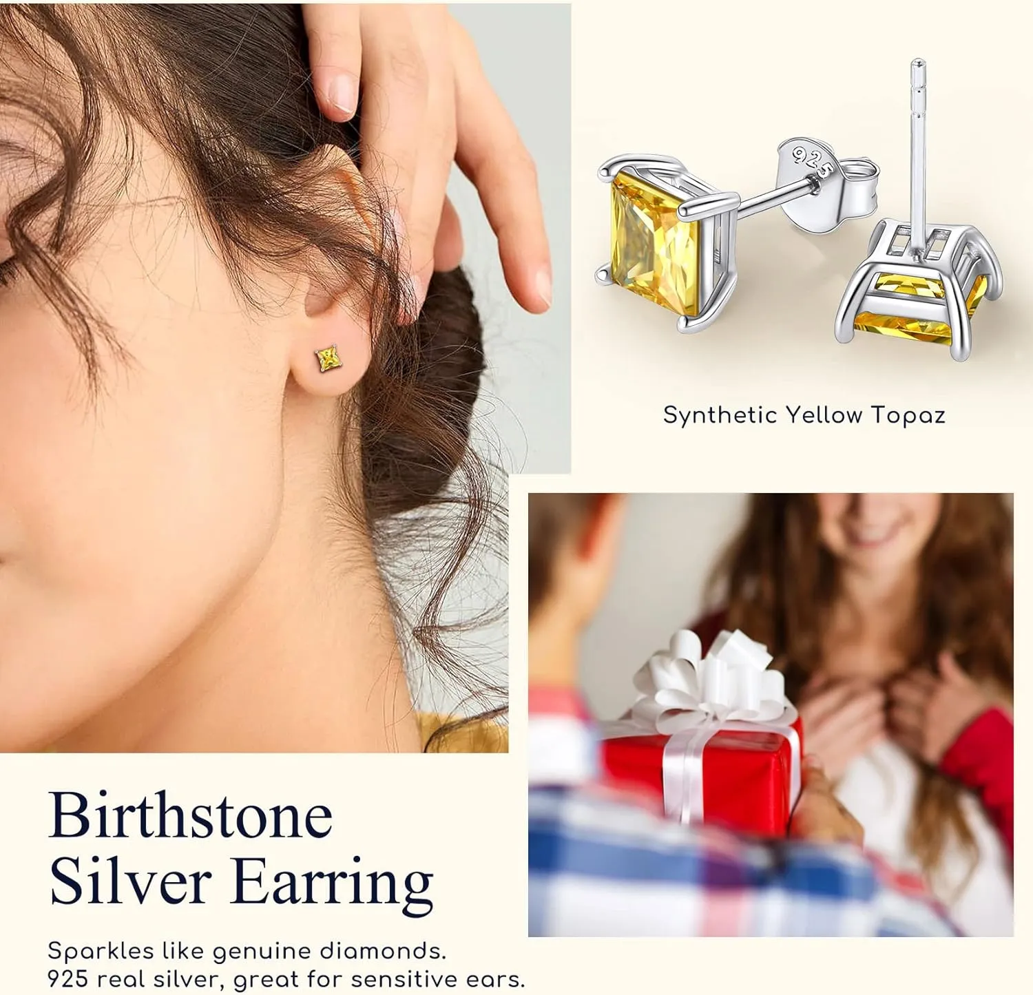 Suplight Dainty 925 Sterling Silver Birthstone Earrings 4 Prong Emerald Cut Stud Earrings for Women Girls (with Gift Box)