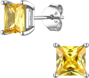 Suplight Dainty 925 Sterling Silver Birthstone Earrings 4 Prong Emerald Cut Stud Earrings for Women Girls (with Gift Box)