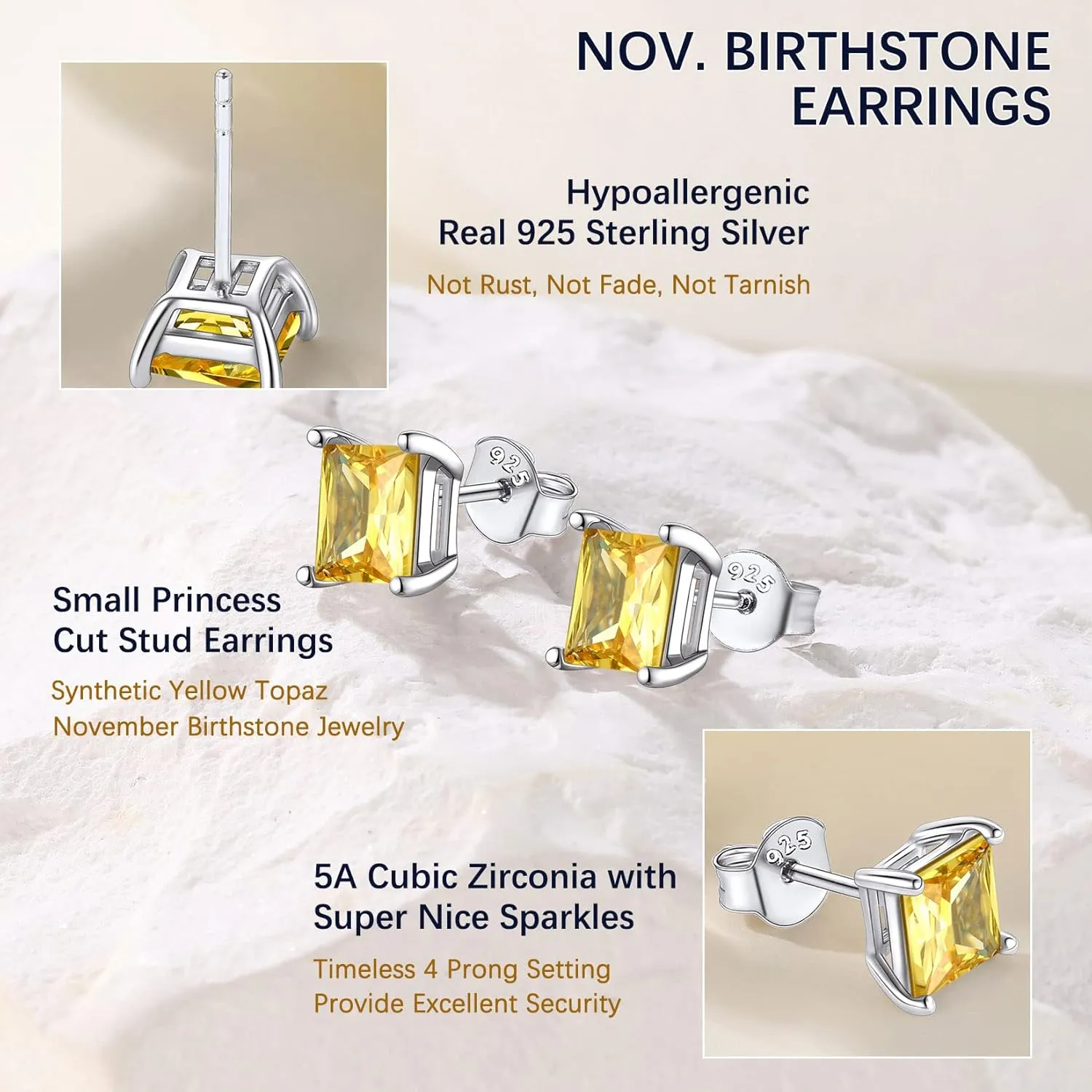 Suplight Dainty 925 Sterling Silver Birthstone Earrings 4 Prong Emerald Cut Stud Earrings for Women Girls (with Gift Box)