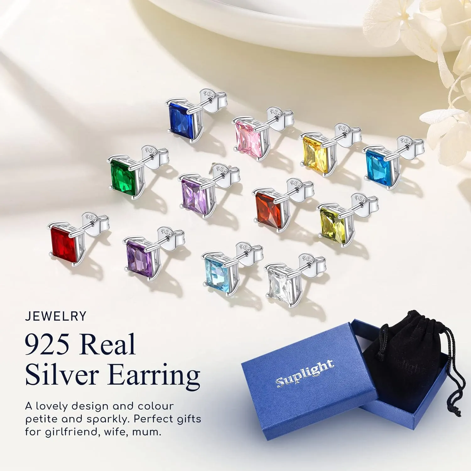 Suplight Dainty 925 Sterling Silver Birthstone Earrings 4 Prong Emerald Cut Stud Earrings for Women Girls (with Gift Box)