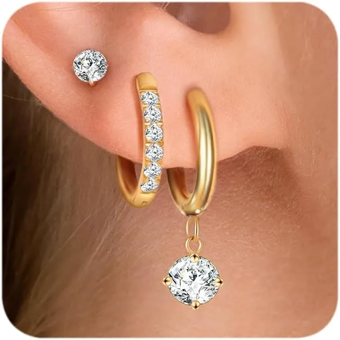 Surgical Steel Small Huggie Hoop Earrings Set 14K Gold Plated Hypoallergenic CZ Stud Earrings for Women Waterproof and Non Tarnish