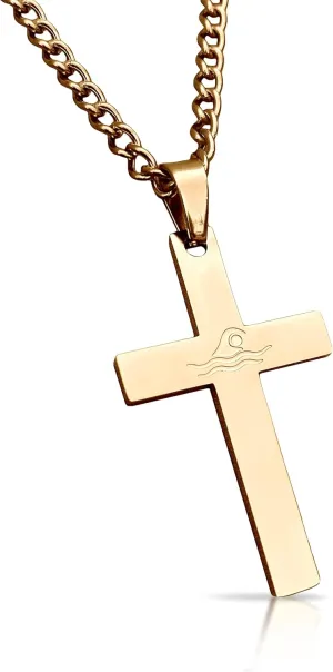 Swimming Cross Pendant With Chain Necklace - 14K Gold Plated Stainless Steel
