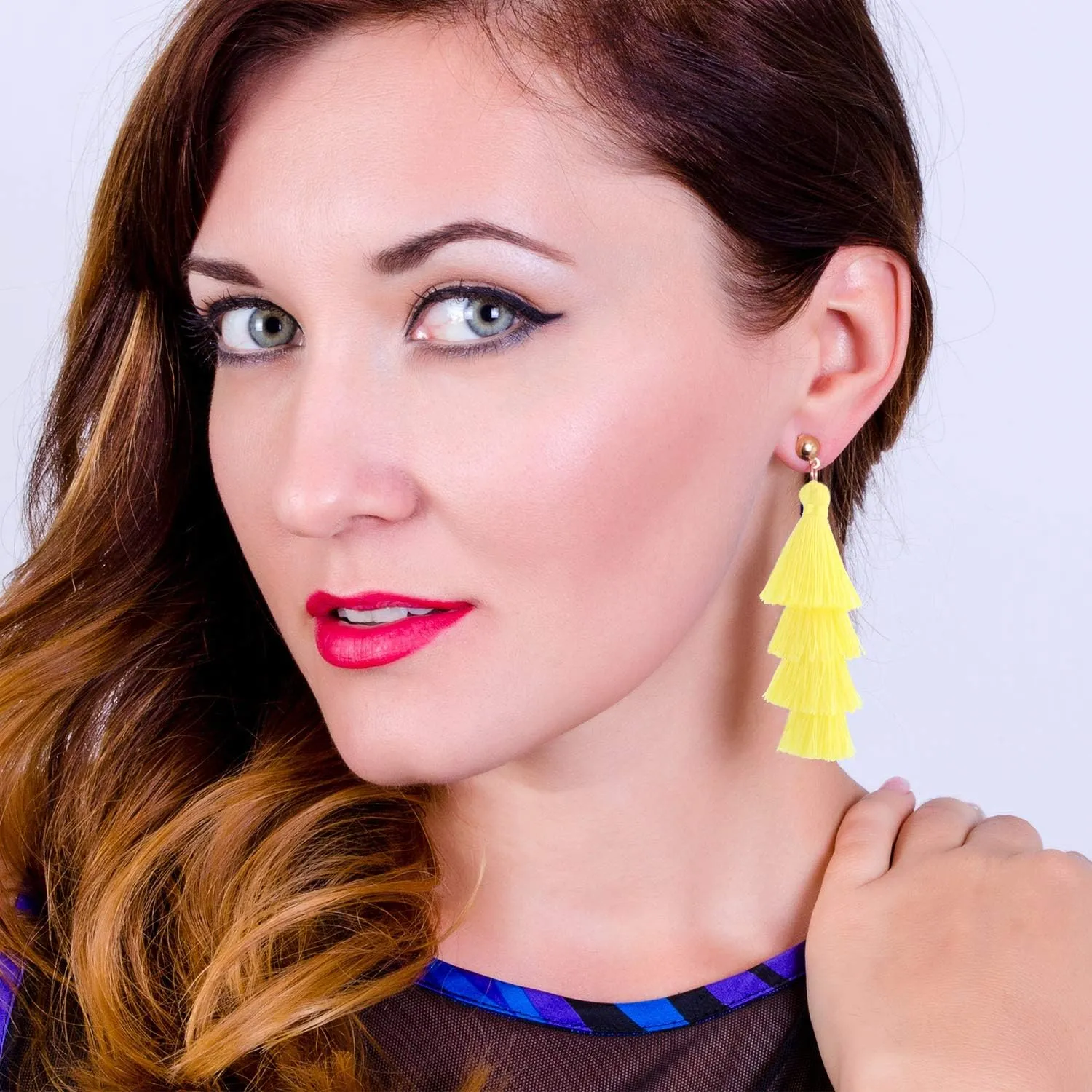Tassel Earrings Handmade Tiered Thread Tassel Dangle Earrings, Multi Colors