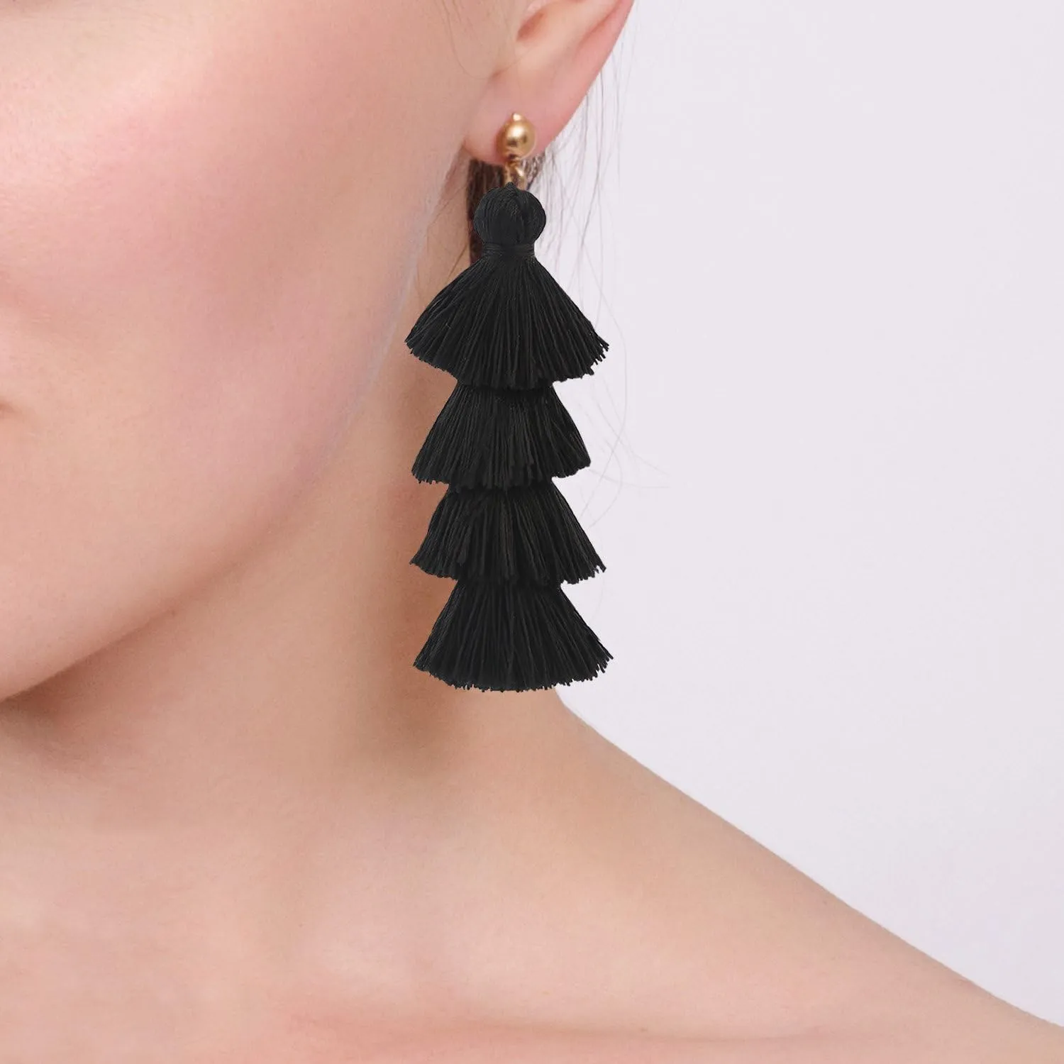 Tassel Earrings Handmade Tiered Thread Tassel Dangle Earrings, Multi Colors