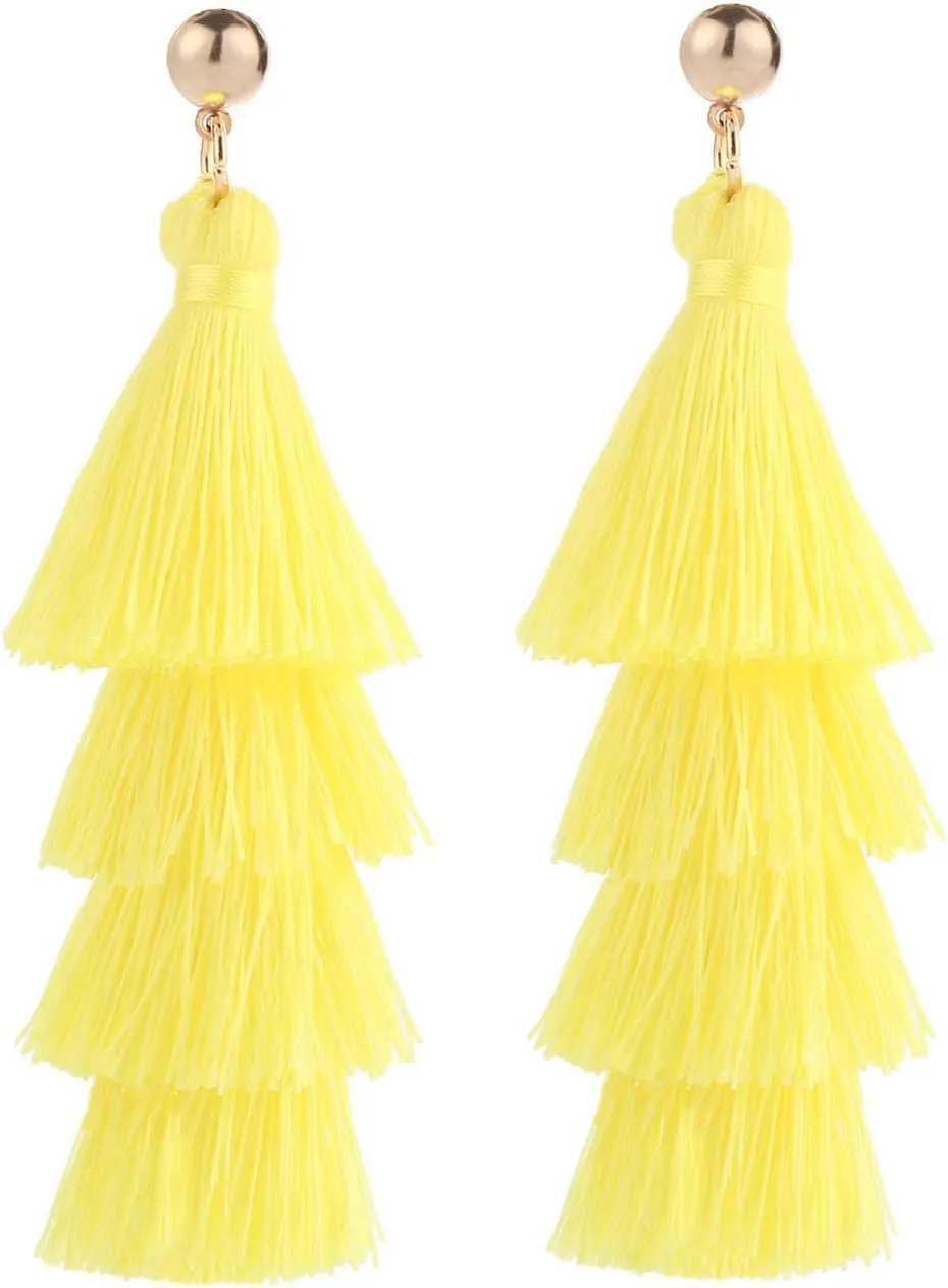Tassel Earrings Handmade Tiered Thread Tassel Dangle Earrings, Multi Colors