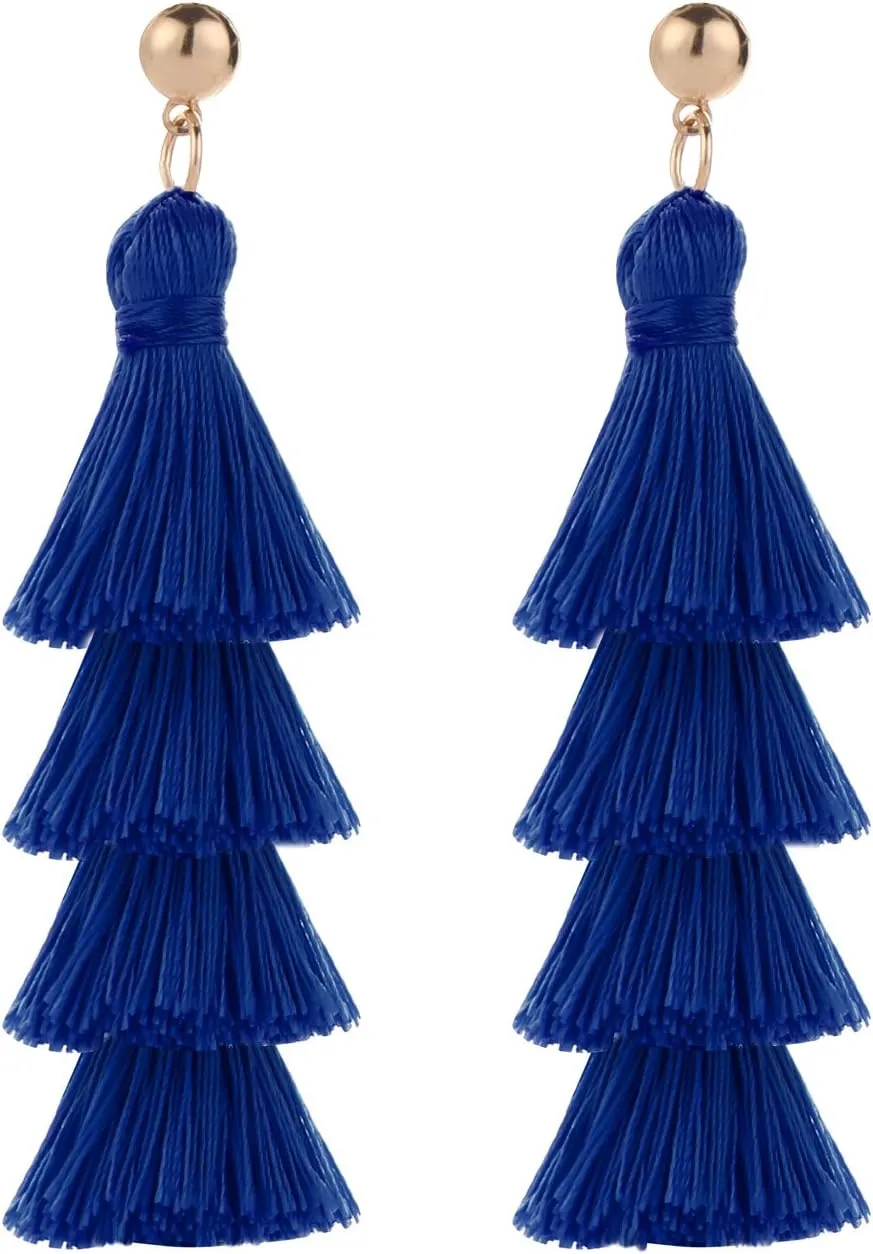 Tassel Earrings Handmade Tiered Thread Tassel Dangle Earrings, Multi Colors
