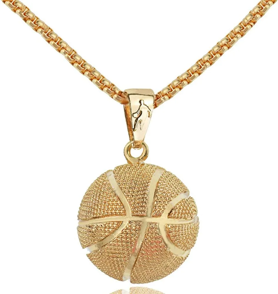 tenghong2021 14k Basketball Pendant Necklace Stainless Steel Necklace Sports Hiphop Necklace Basketball Pendant Necklace I Love Basketball Necklace for Men
