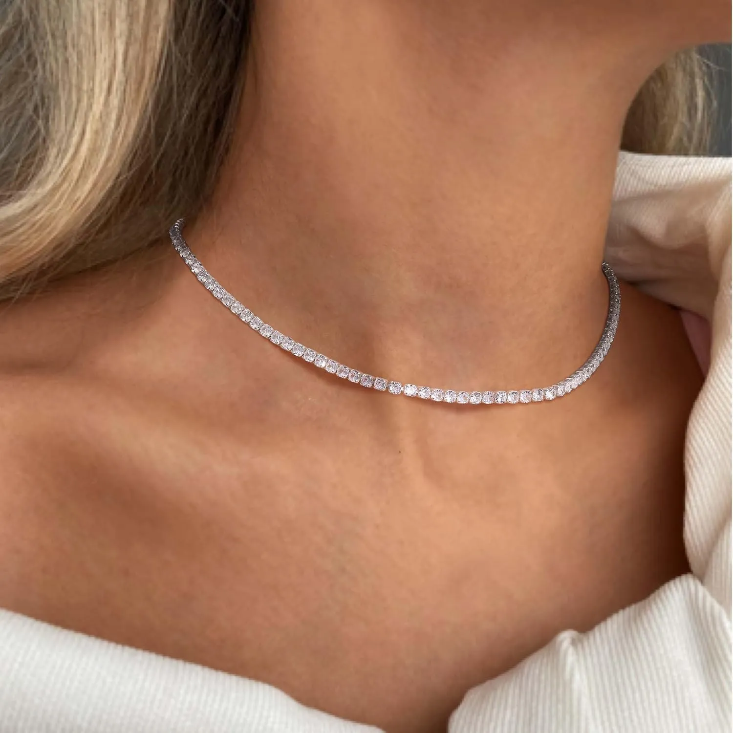 Tennis Necklace for Women, 14K Gold Plated/Sterling Silver Cubic Zirconia Tennis Chain, Dainty Rhinestone Choker Necklaces for Women Jewelry