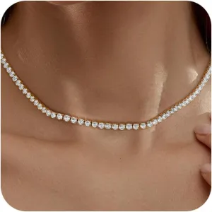 Tennis Necklace for Women, 14K Gold Plated/Sterling Silver Cubic Zirconia Tennis Chain, Dainty Rhinestone Choker Necklaces for Women Jewelry