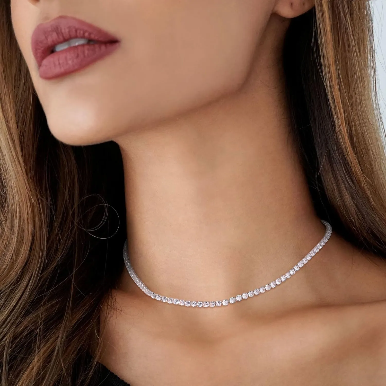 Tennis Necklace for Women, 14K Gold Plated/Sterling Silver Cubic Zirconia Tennis Chain, Dainty Rhinestone Choker Necklaces for Women Jewelry