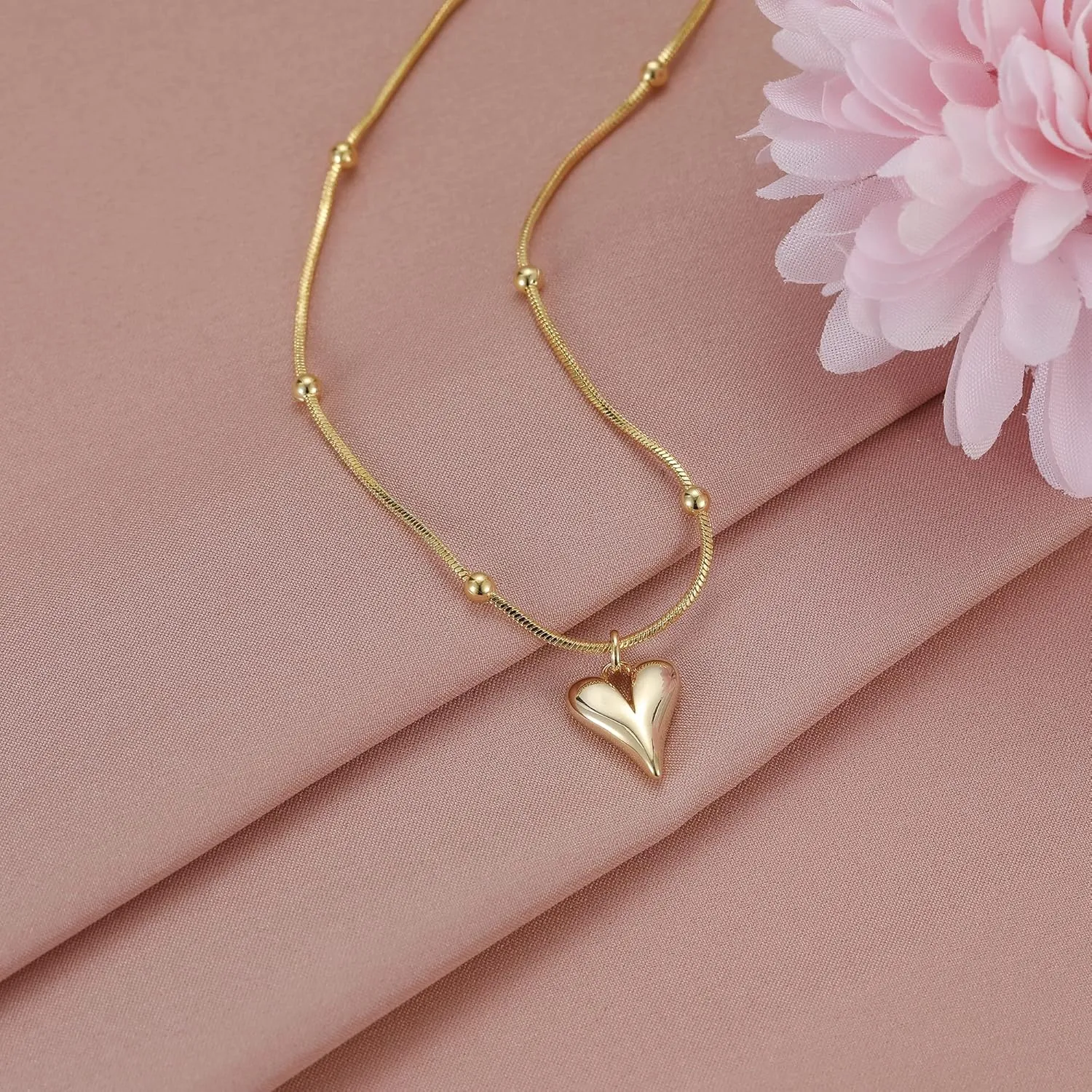 Tewiky Cute Heart Necklace Tiny 14k Gold Heart Pendant Choker Necklaces Small Gold Love Open Heart Chain Necklace for Women Dainty Gold Necklace Gifts for Her