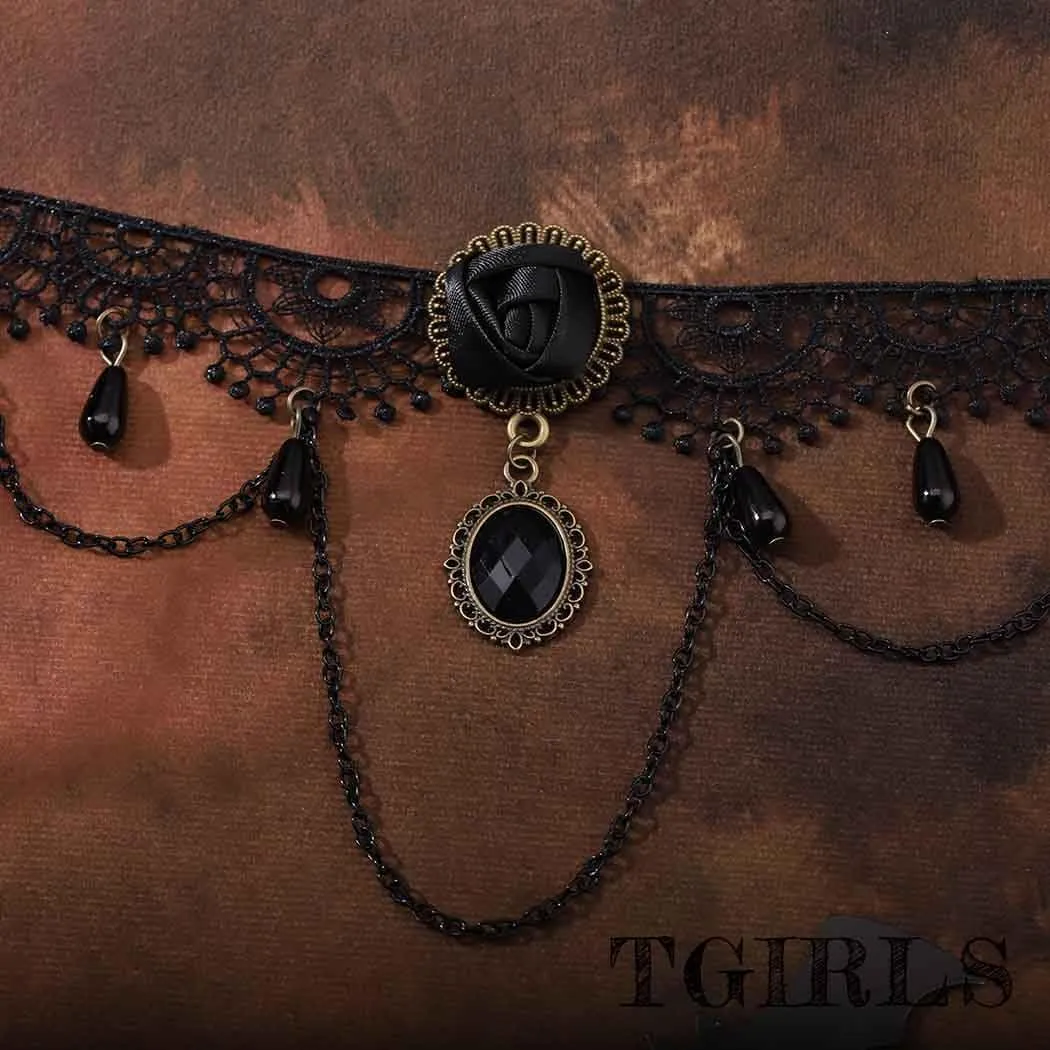 Tgirls Black Lace Choker Necklaces for Women Gothic Crystal Choker Retro Steampunk Lace Chokers Halloween Costumes Party Jewelry