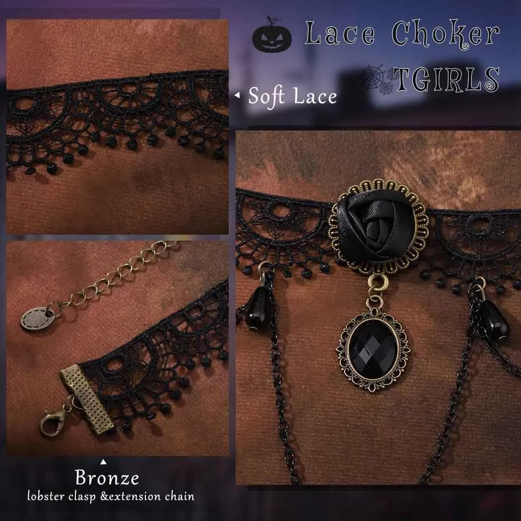 Tgirls Black Lace Choker Necklaces for Women Gothic Crystal Choker Retro Steampunk Lace Chokers Halloween Costumes Party Jewelry