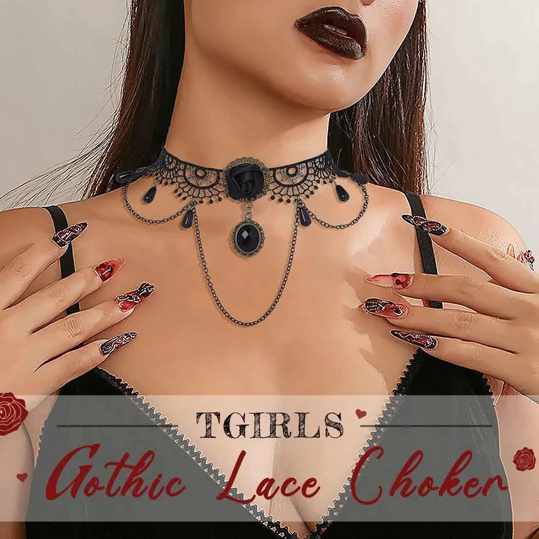 Tgirls Black Lace Choker Necklaces for Women Gothic Crystal Choker Retro Steampunk Lace Chokers Halloween Costumes Party Jewelry