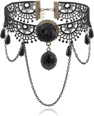 Tgirls Black Lace Choker Necklaces for Women Gothic Crystal Choker Retro Steampunk Lace Chokers Halloween Costumes Party Jewelry