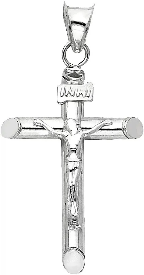 The World Jewelry Center 14k White Gold Crucifix Religious Cross Pendant with 1.3mm Flat Open Wheat Chain Necklace