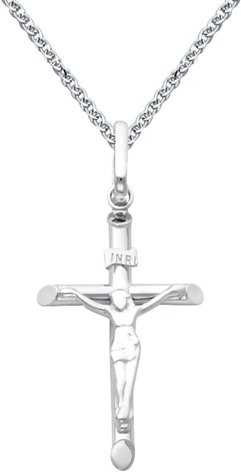 The World Jewelry Center 14k White Gold Crucifix Religious Cross Pendant with 1.3mm Flat Open Wheat Chain Necklace